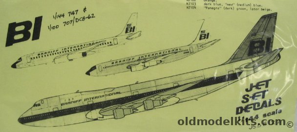 Jet Set 1/144 Braniff 747 1/144 and 707 DC-8 1/100 Decals, JSD122 plastic model kit